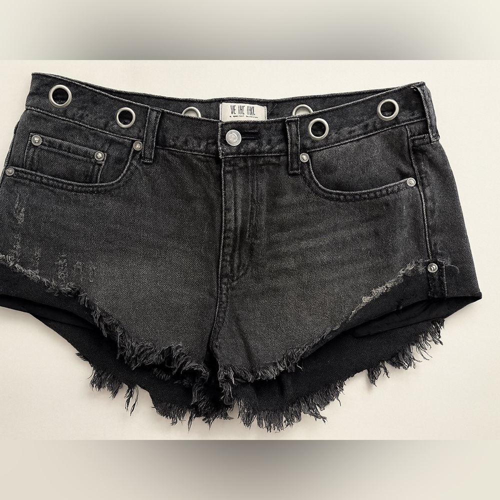 We The Free People Black Denim Shorts Grommet Waistband Raw Hem Low Rise 29